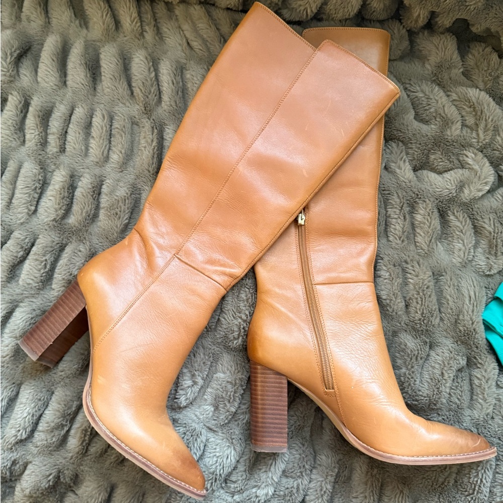 Women's Vince Camuto Knee-High Tan Leather Block Heel Boots